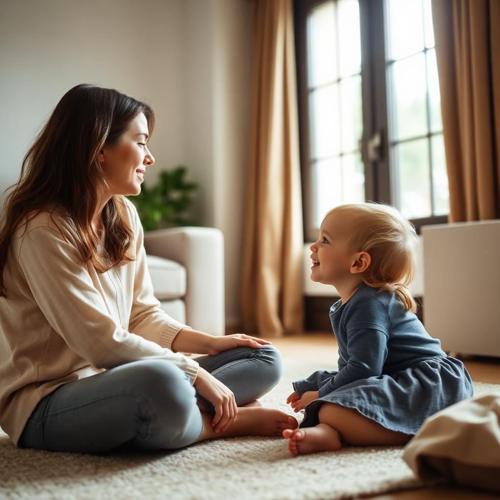 Mother and young child sitting on the rug talking warmly face to face