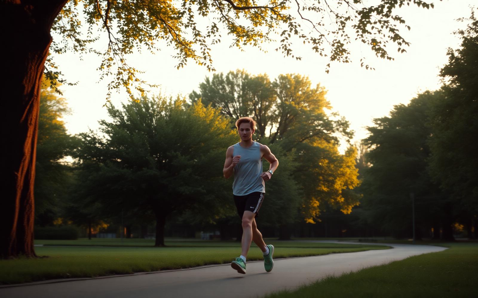A person jogging through a tree-lined park at golden hour, illustrating daily movement as a foundational health habit