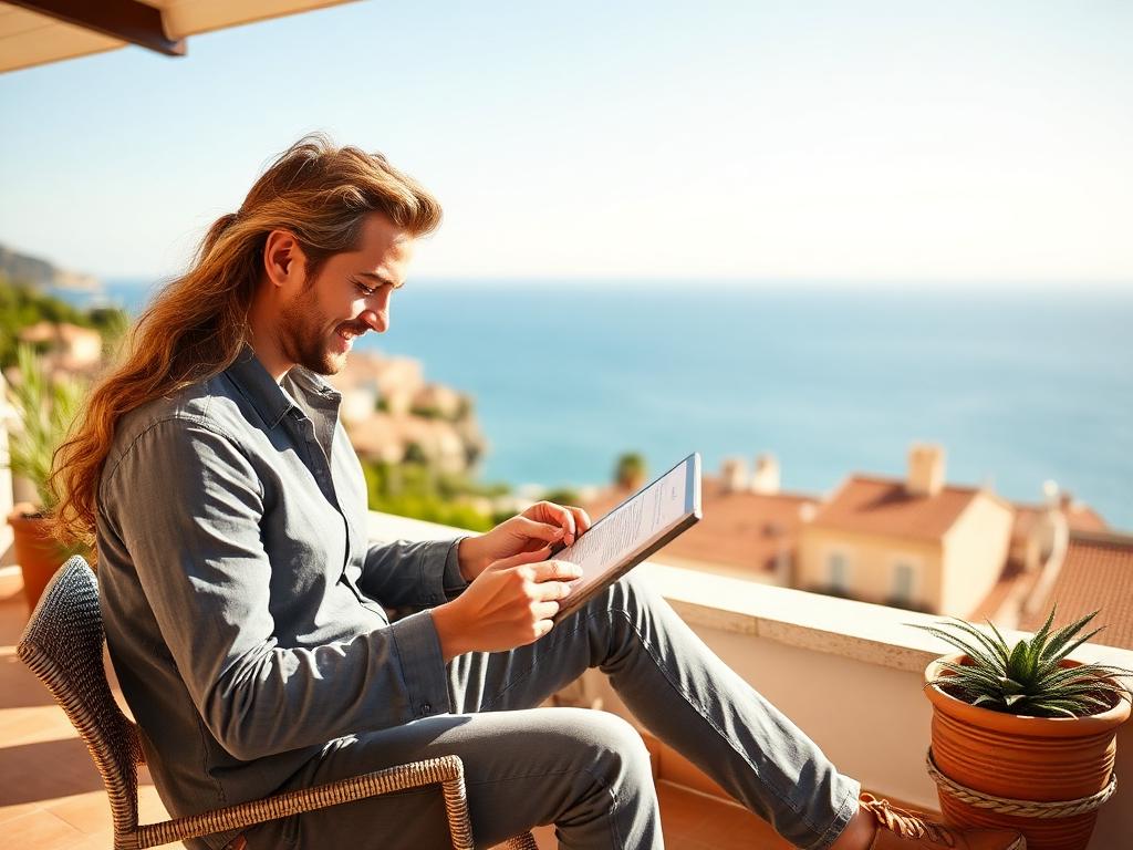 Investor reviewing property documents on a Mediterranean terrace