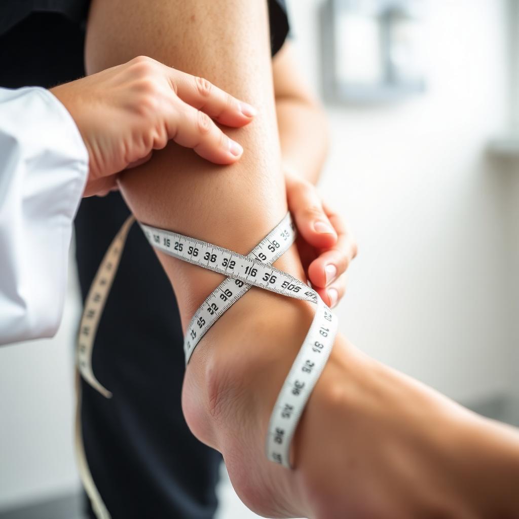 Clinician measuring a patient's calf with a soft tape measure in a bright clinic
