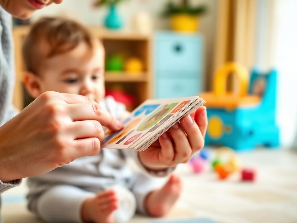 Parent showing colorful picture cards to a curious baby