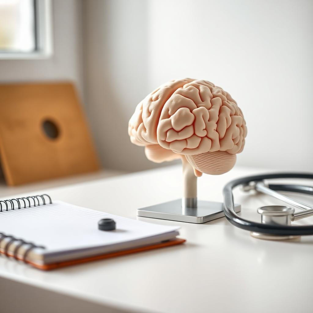 Anatomical brain model on a clinician's desk beside a stethoscope