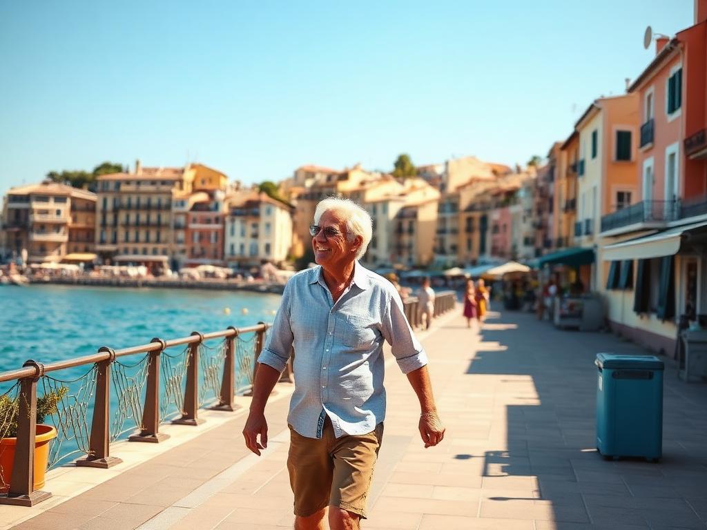 Senior retiree enjoying a scenic European coastal promenade