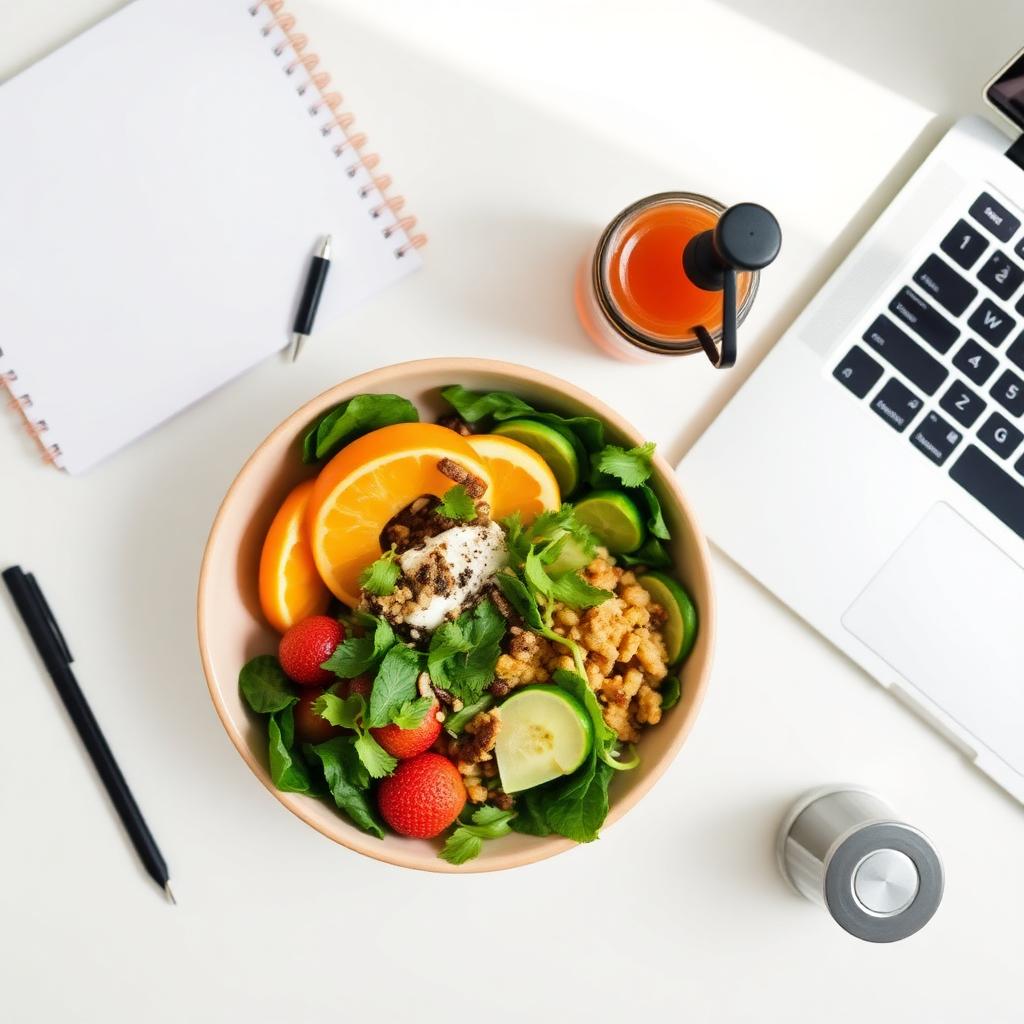 Healthy desk lunch for busy professionals Healthy desk lunch bowl with laptop — simple wellness eating for busy people