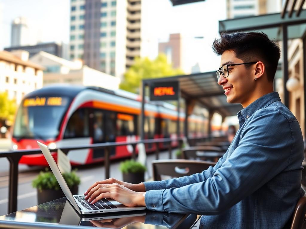 Remote worker at a modern cafe in a developed, affordable city