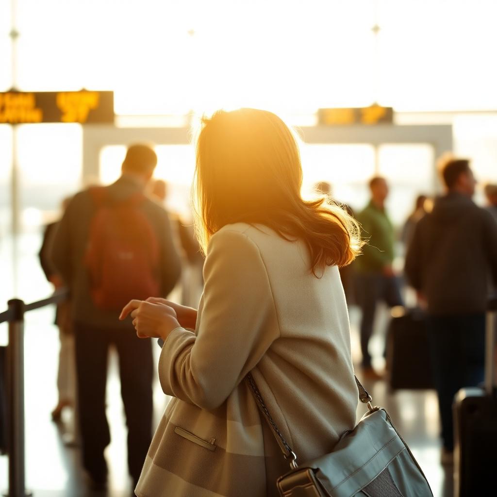 Couple reuniting at an airport, warm golden light, emotional embrace