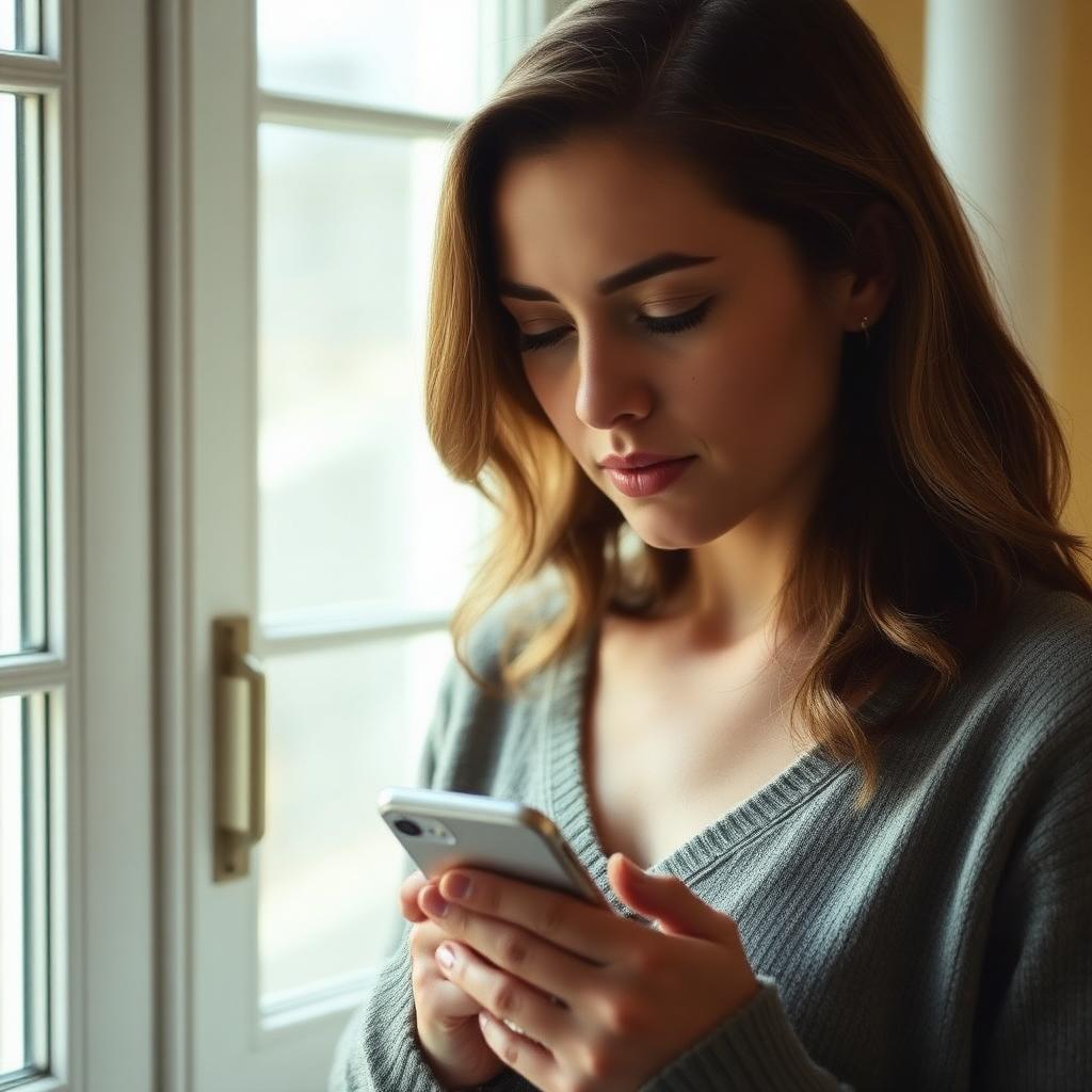 Woman holding her phone, thinking about a text from someone she's missing
