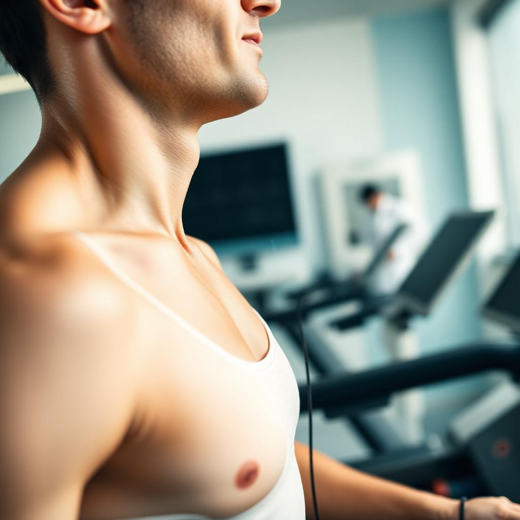 Athletic person undergoing a treadmill stress test in a cardiology clinic