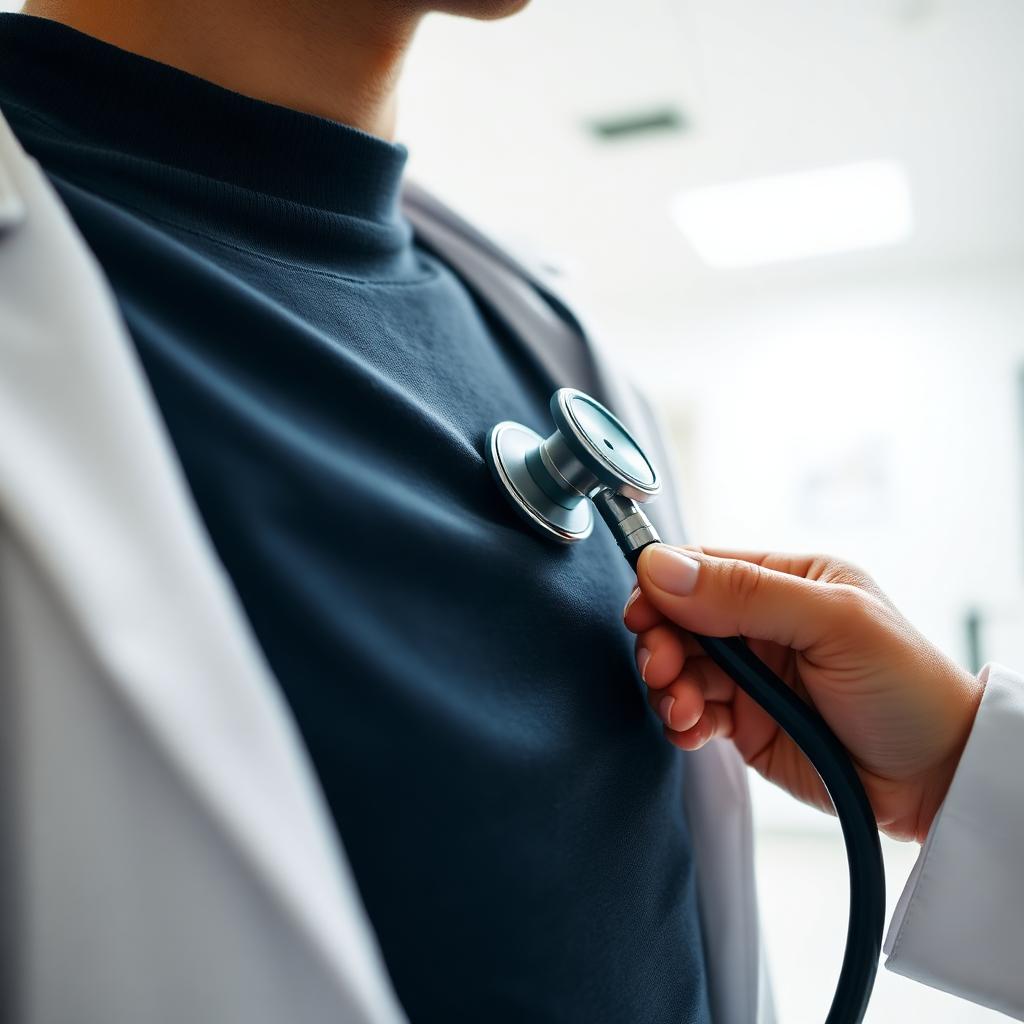 Clinician using a stethoscope to listen to a patient's chest in a bright clinic