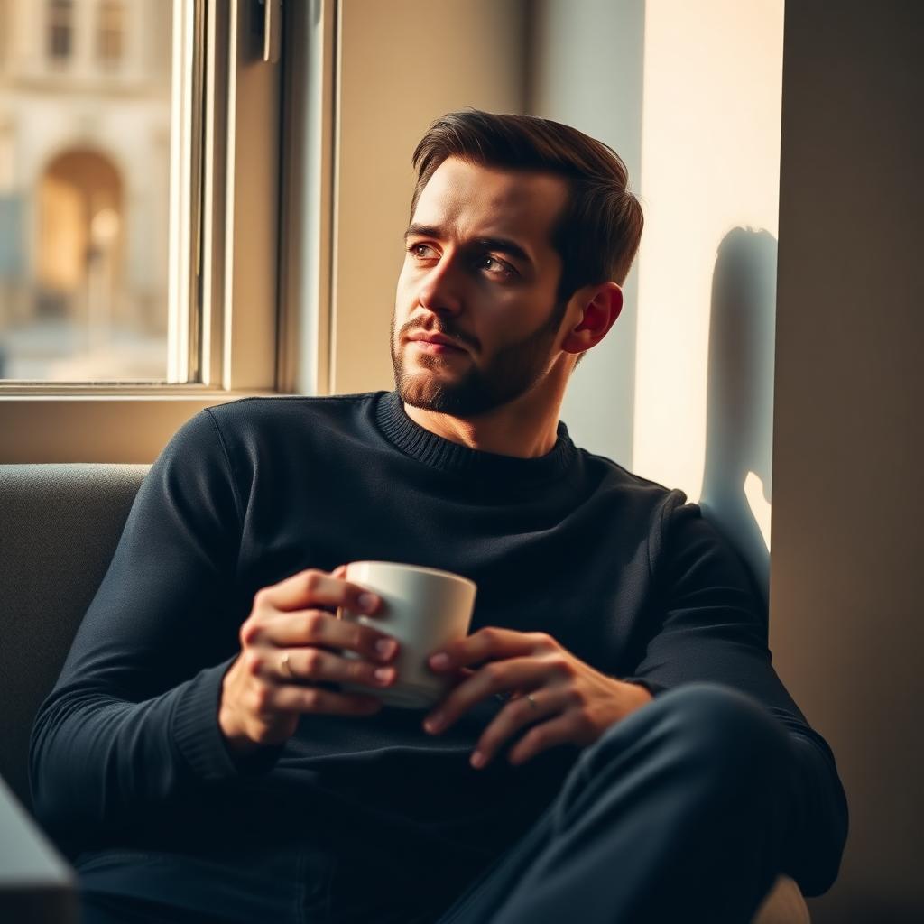 Grounded confident man sitting calmly with coffee by a window