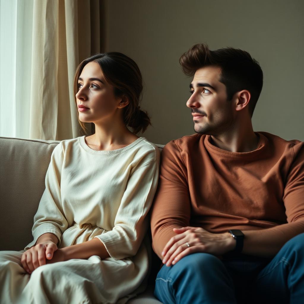 Couple on a sofa with quiet emotional tension, she looks away, he watches steadily