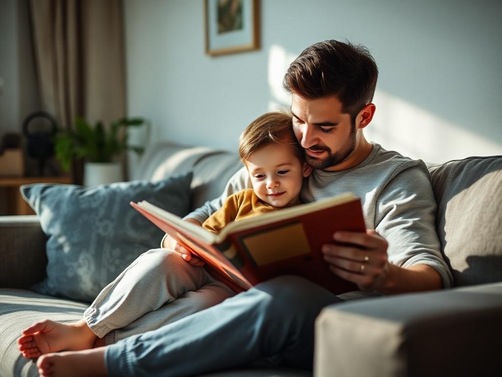 Parent and child reading a book together on a cozy sofa