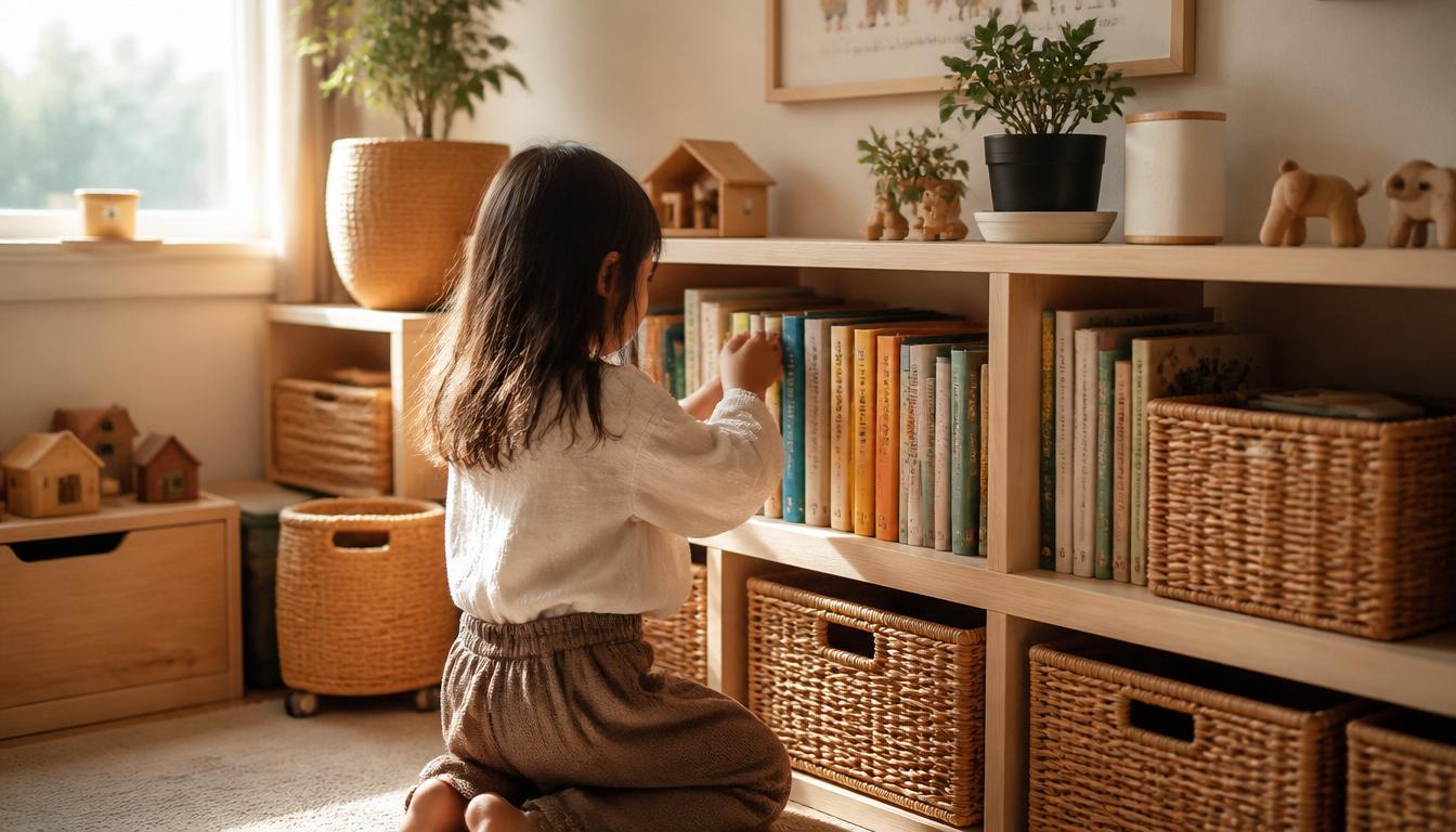 Young child organizing colorful books on a low wooden shelf in a calm, tidy playroom