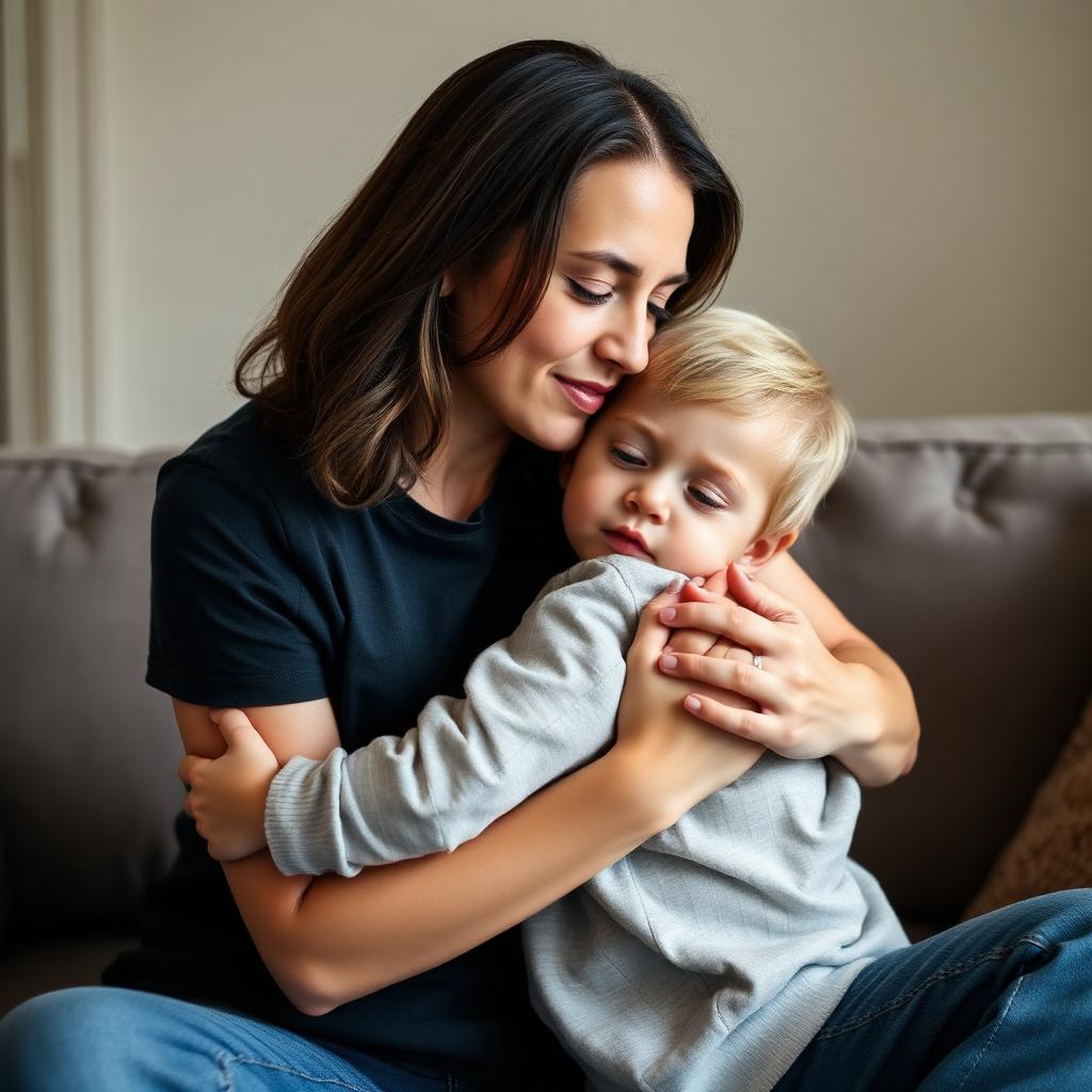 Parent gently hugging their child on the couch in soft natural light