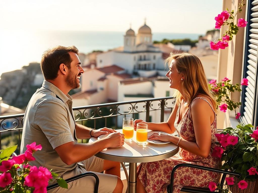 Couple enjoying breakfast on a sunny Mediterranean balcony overlooking the sea