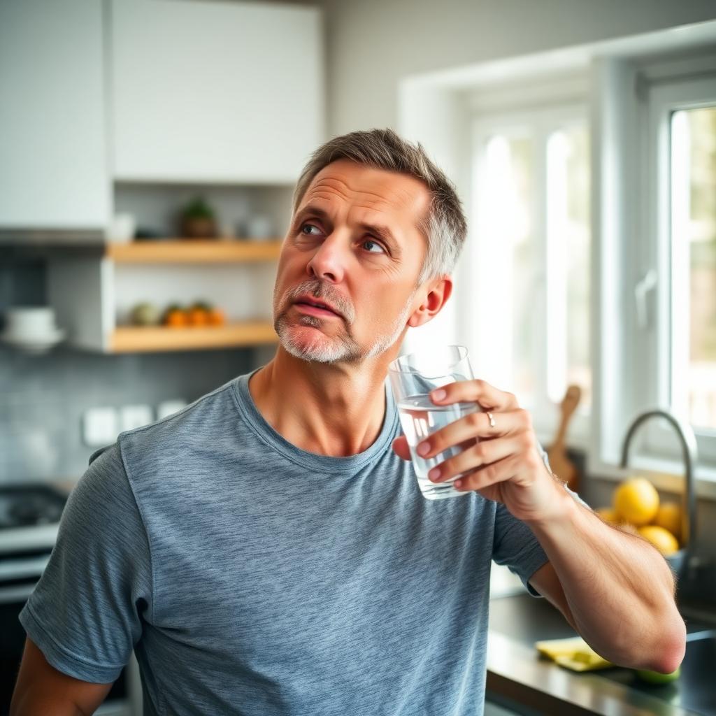 A fit middle-aged man drinking water in a sunlit kitchen