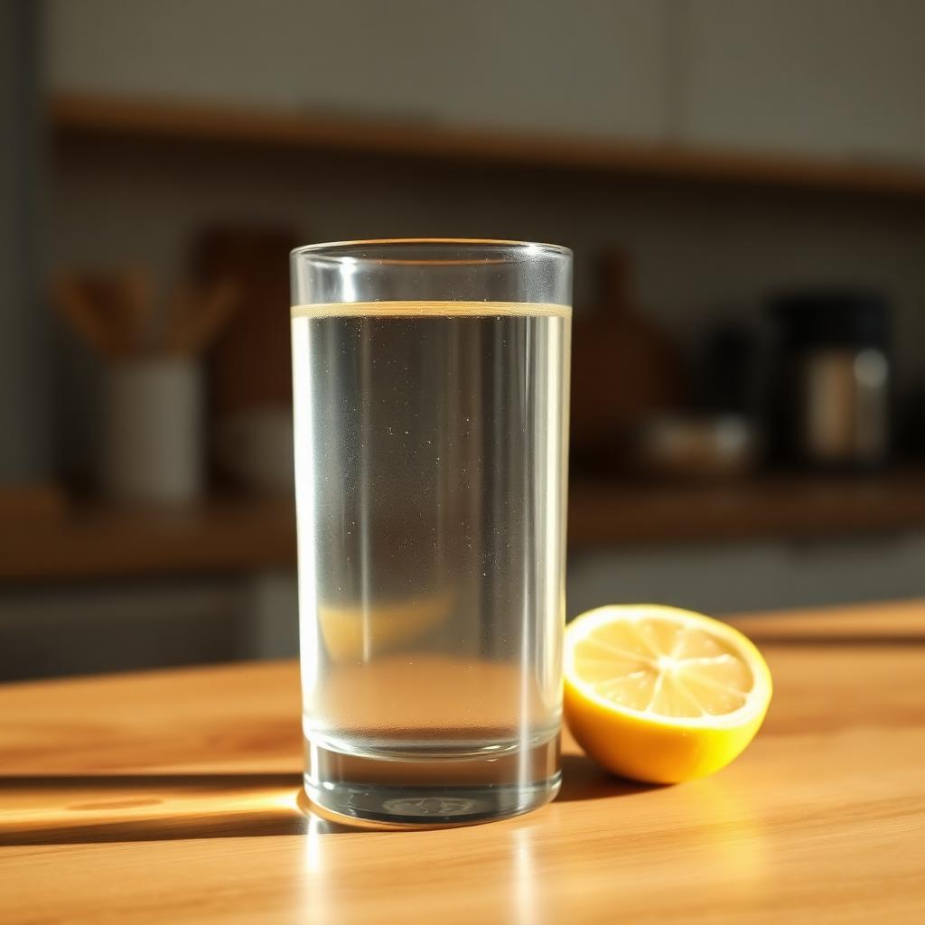 Morning hydration for energy Glass of water with lemon on a kitchen counter in morning light — the first habit of a healthy morning routine