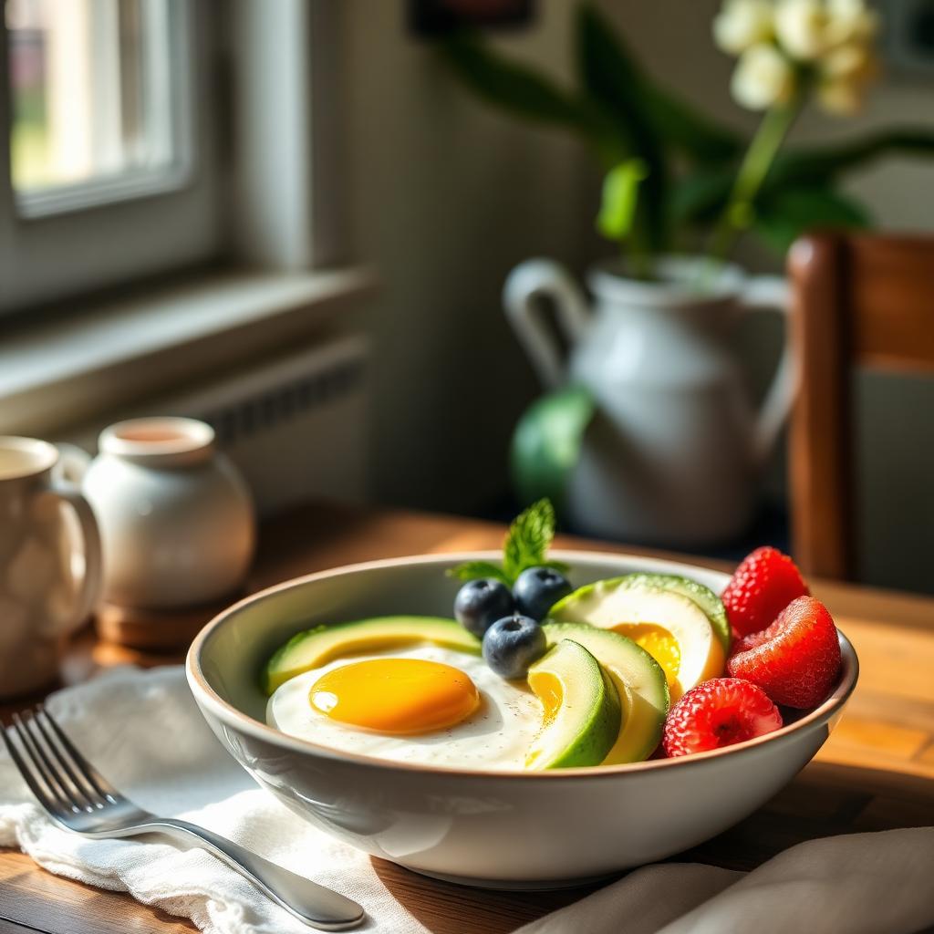 Protein breakfast for morning energy Protein breakfast bowl with eggs, avocado, and berries on a wooden table in morning light — an energy-focused morning meal