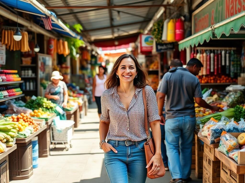 Woman walking confidently through a vibrant, safe local market abroad
