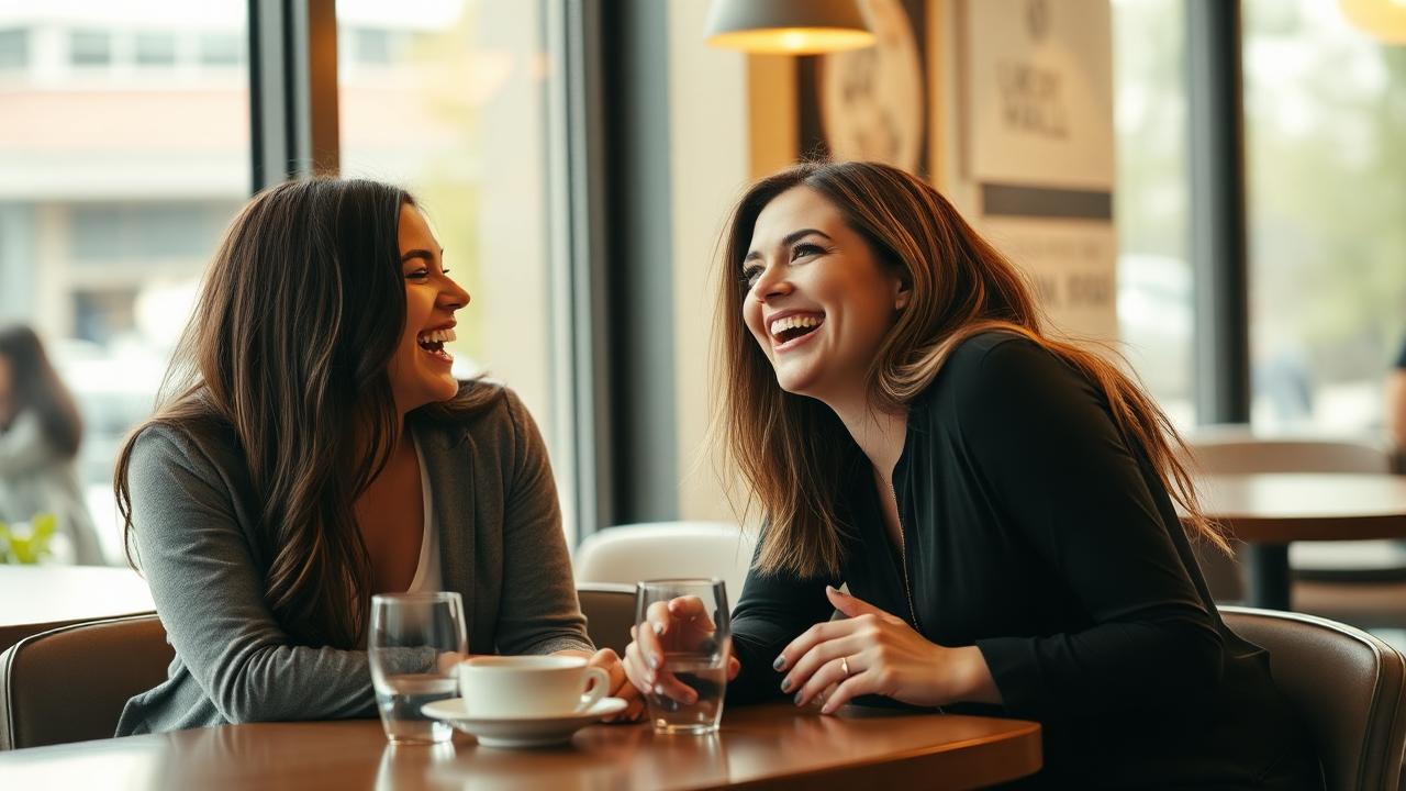 Body language often reveals interest before words do A woman leaning in and laughing warmly during a coffee shop conversation