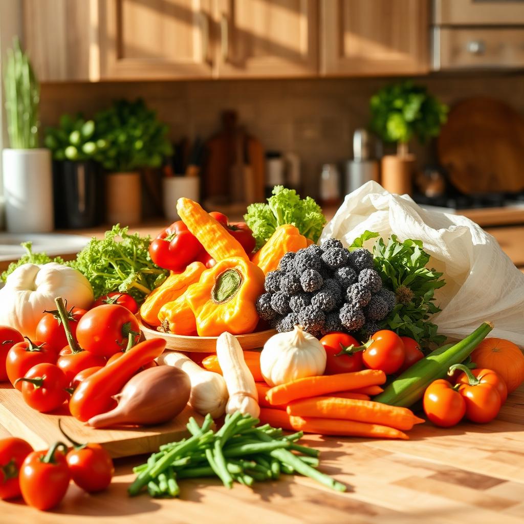 Small food changes for better health Colorful fresh vegetables and whole foods on a wooden kitchen counter — small food swaps for better health