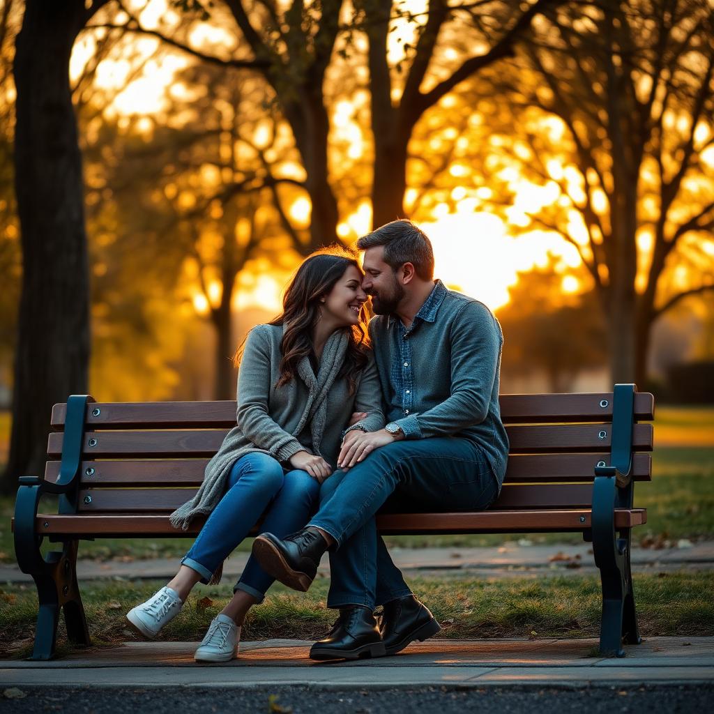 Couple sitting close on a park bench at golden hour, warmly reconnected