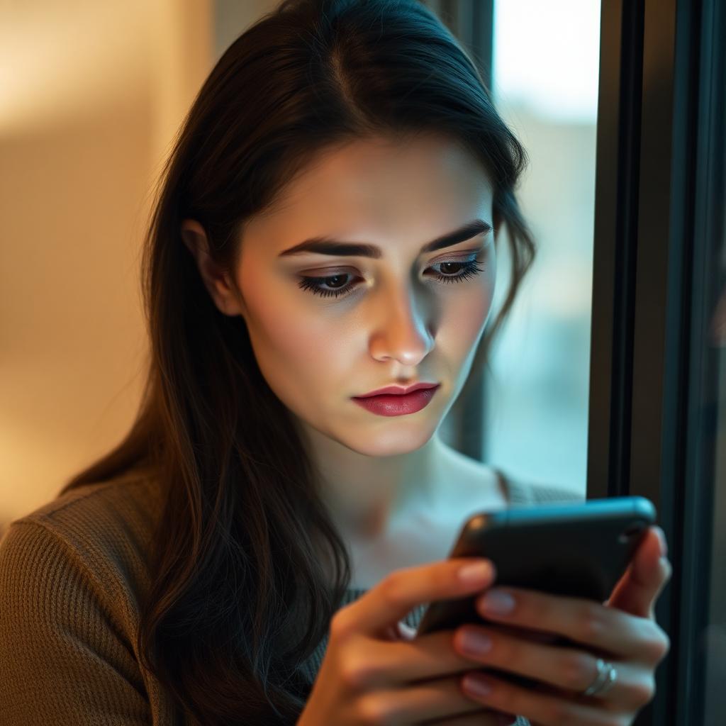 Woman looking at a silent phone with subtle disappointment