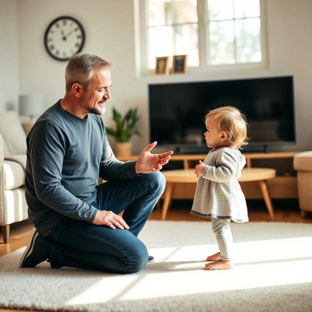 Parent kneeling at eye level talking calmly with their child