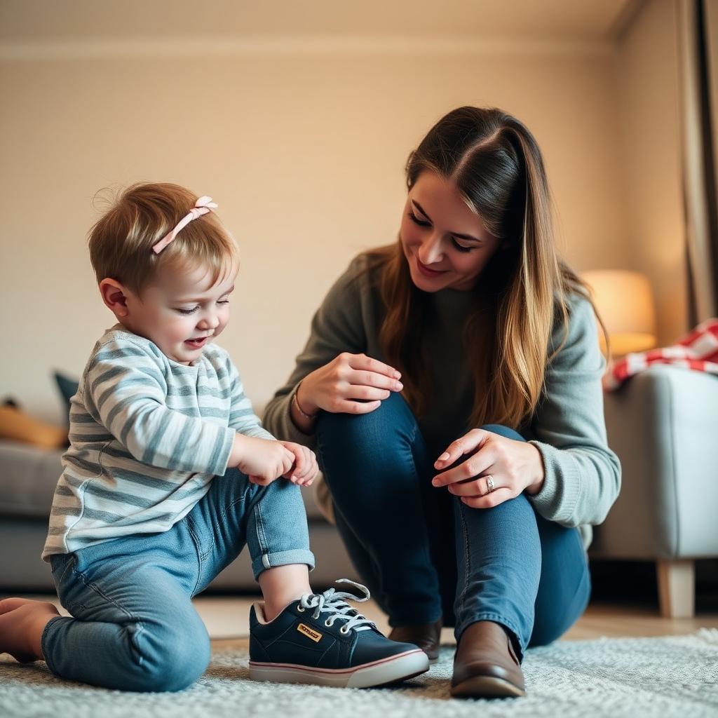 Parent calmly encouraging a young child learning to tie their shoelaces