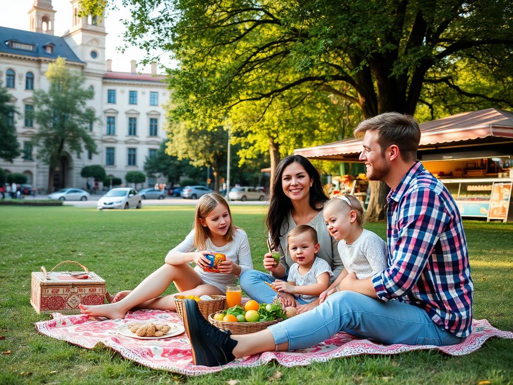 Family enjoying a picnic in a quiet European park with historic architecture nearby