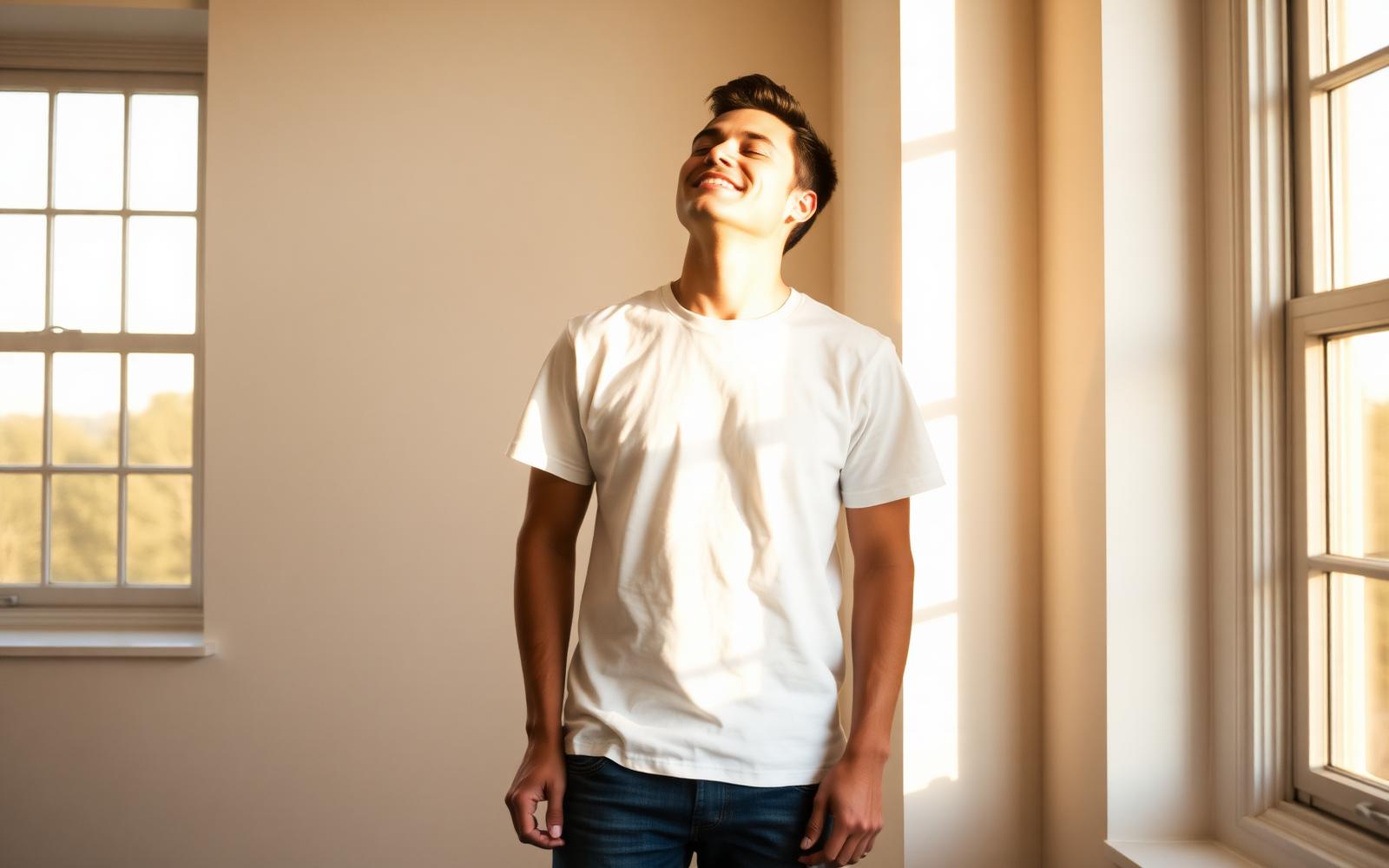 A person in a white t-shirt standing in warm morning sunlight by a window, eyes closed, smiling gently