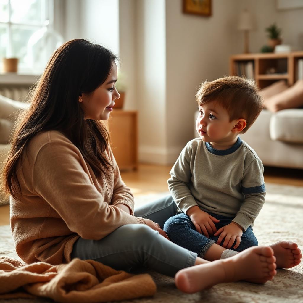 Parent sitting on the floor listening attentively to her child