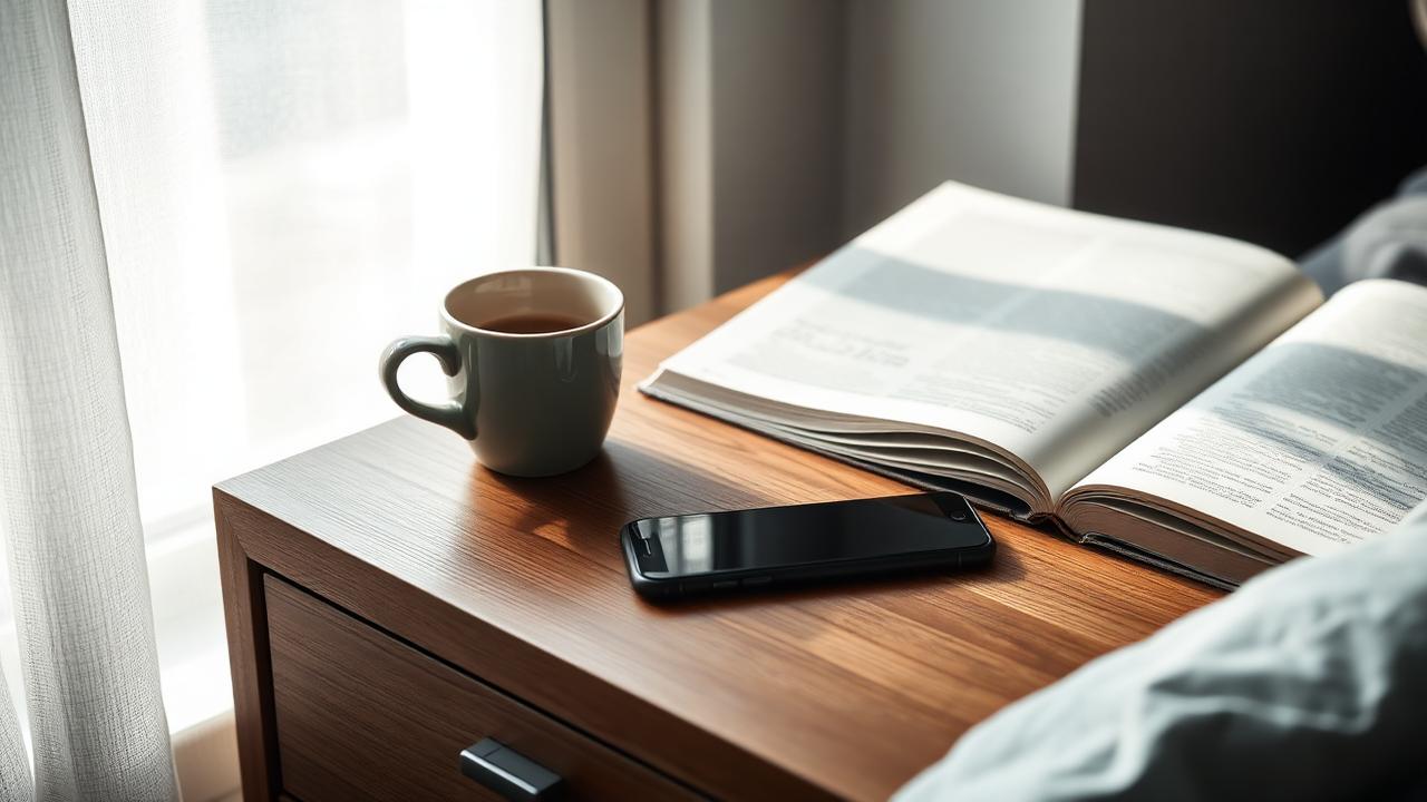 A phone lying face-down on a nightstand next to a coffee cup and open book
