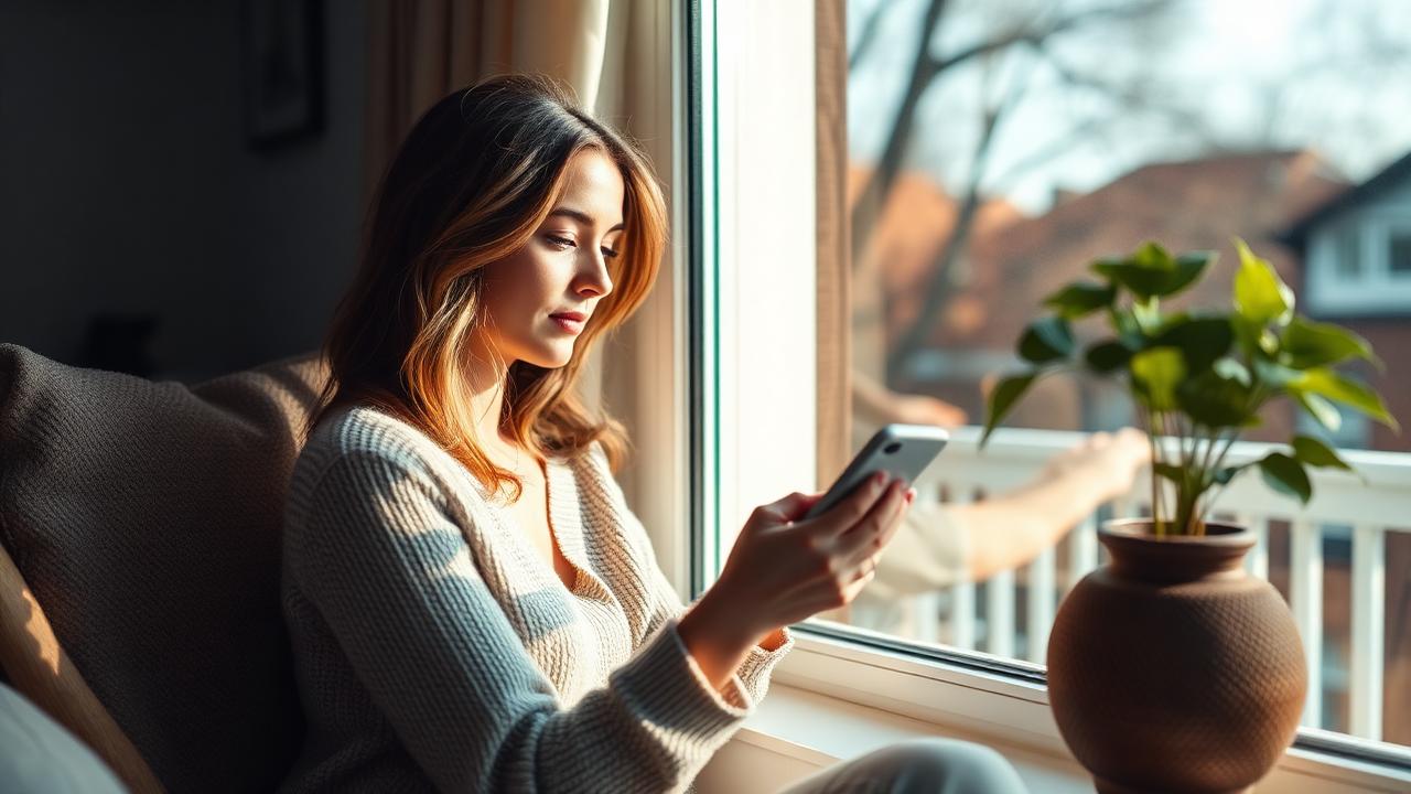 A man sitting alone at night looking at his phone with a concerned expression