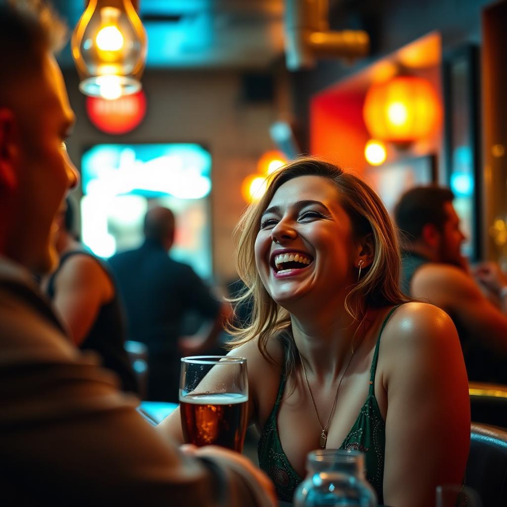 A woman laughing warmly with a man at a bar — a subtle sign of hidden attraction