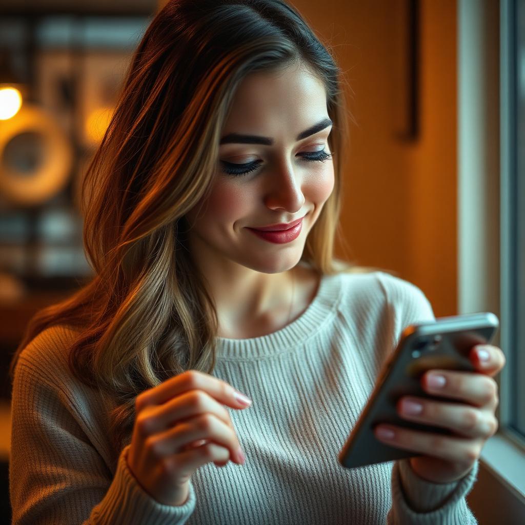 A woman checking her phone with a private smile — a common sign she's thinking about you while pretending she isn't